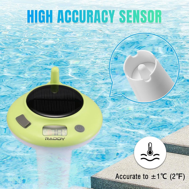 Raddy PT-5 Solar Pool Thermometer Floating Easy Read, High Accuracy Spa Thermometer with Digital Display, IPX8 Waterproof, Solar & Battery Powered for Swimming Pools, Hot Tubs, Pond - Image 4